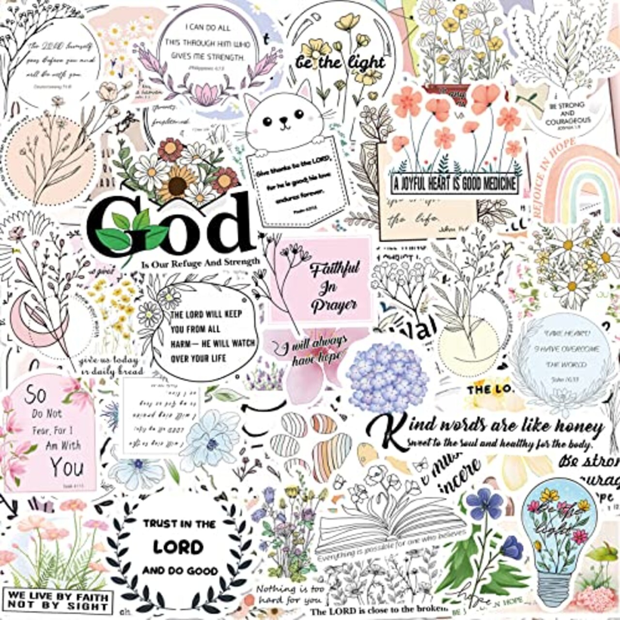 200pcs Inspired Christian Stickers, Bible Verse Stickers, Blossoms Stickers Perfect for Water Bottle Laptop Scrapbooking Decals Christian Gifts Bible Journaling Supplies